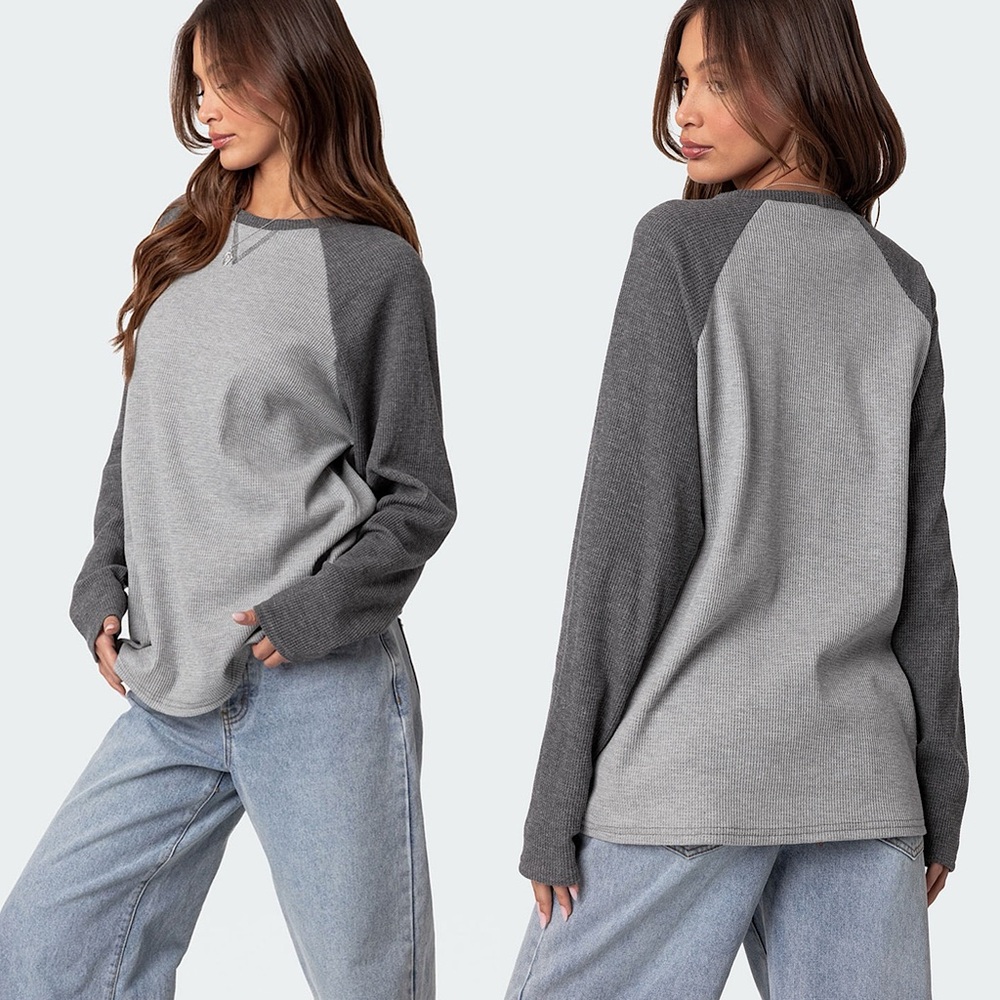 Edikted Me Time Oversized Waffle Top Gray NWOT - Picture 2 of 11